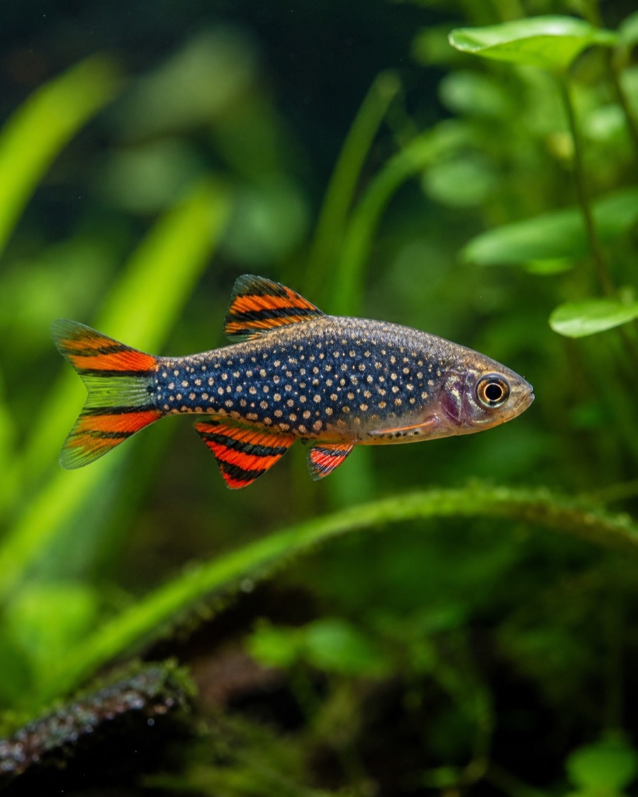 Colourful nano fish swimming in a planted aquarium